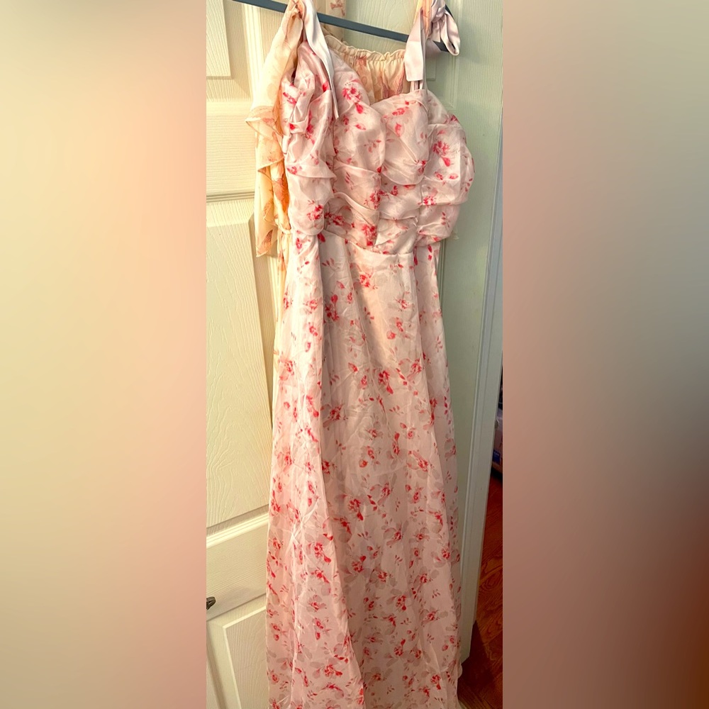Lulu’s Best Memories Blush Floral Print Organza Tie-Strap Maxi Dress size Medium